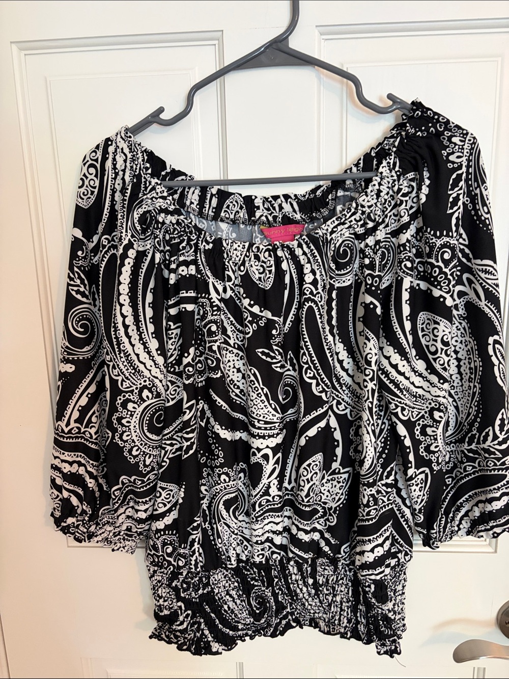 Sunny Leigh Black & White Paisley Off-Shoulder Blouse